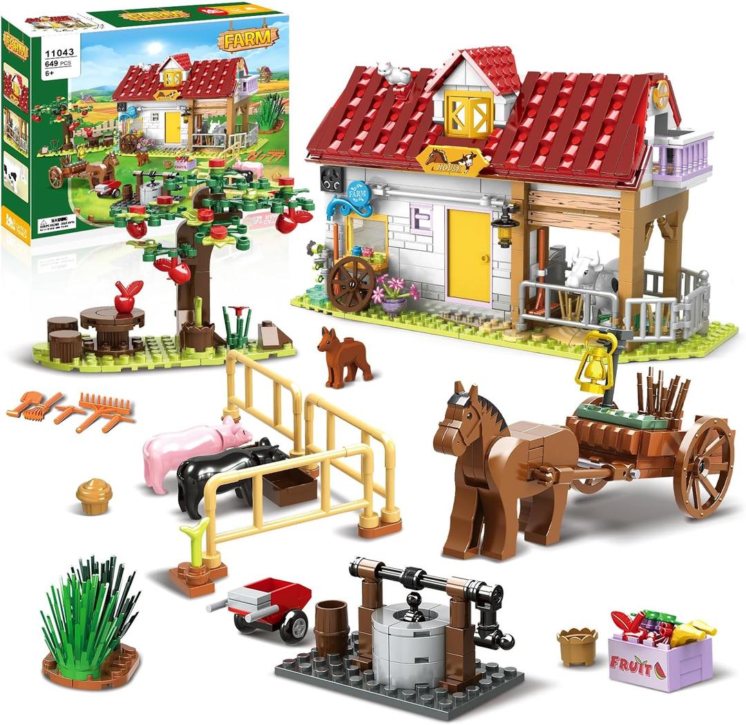 OKKIDY Farm House Building Set Toy for Girls Boys - 649 PCS Farm Animals Building Block Set with Carriage Farm Tools, Creative for Kids Ages 6 7 8 9 10 11 12+