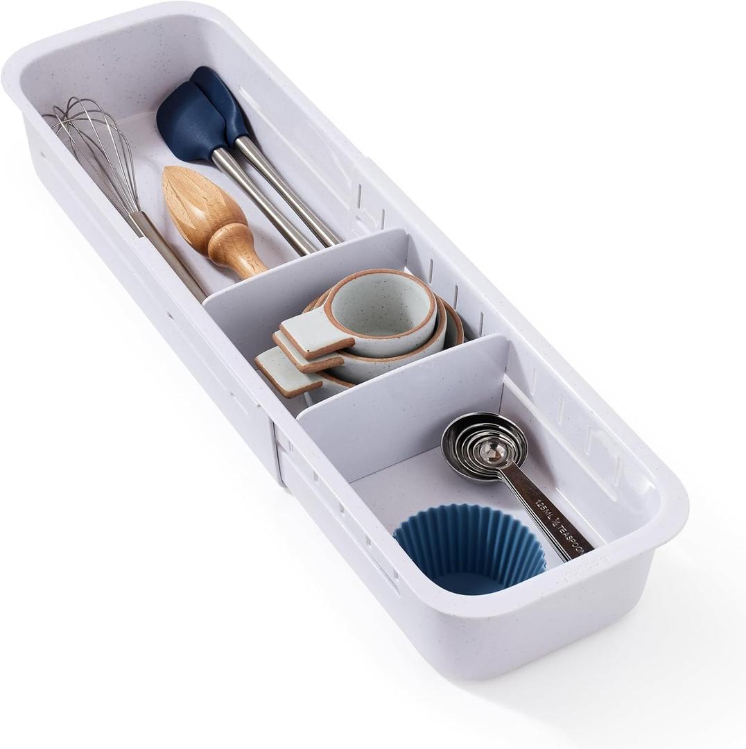 YouCopia DrawerFit Expandable Kitchen Drawer Organizer: Sliding Storage Tray for Utensils & Accessories in Deep Drawers, Expandable 1523" wide, White Speckled BPA-free