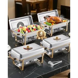 VEVOR Chafing Dish Buffet Set, 8 Qt 4 Pack, Stainless Steel Chafer with 4 Full Size Pans, Rectangle Catering Warmer Server with Glass Lid Water Pan Folding Stand Fuel Holder, for Wedding Party Banquet