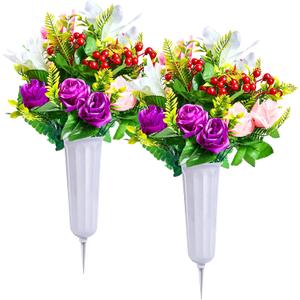 Cemetery Flowers, Artificial Cemetery Flowers for Grave with Vase, Realistic Rose & Lily Bouquets, Fade-Resistant All-Weather Grave Flowers for Cemetery Headstones Decoration(Purple&White&Pink&Red)
