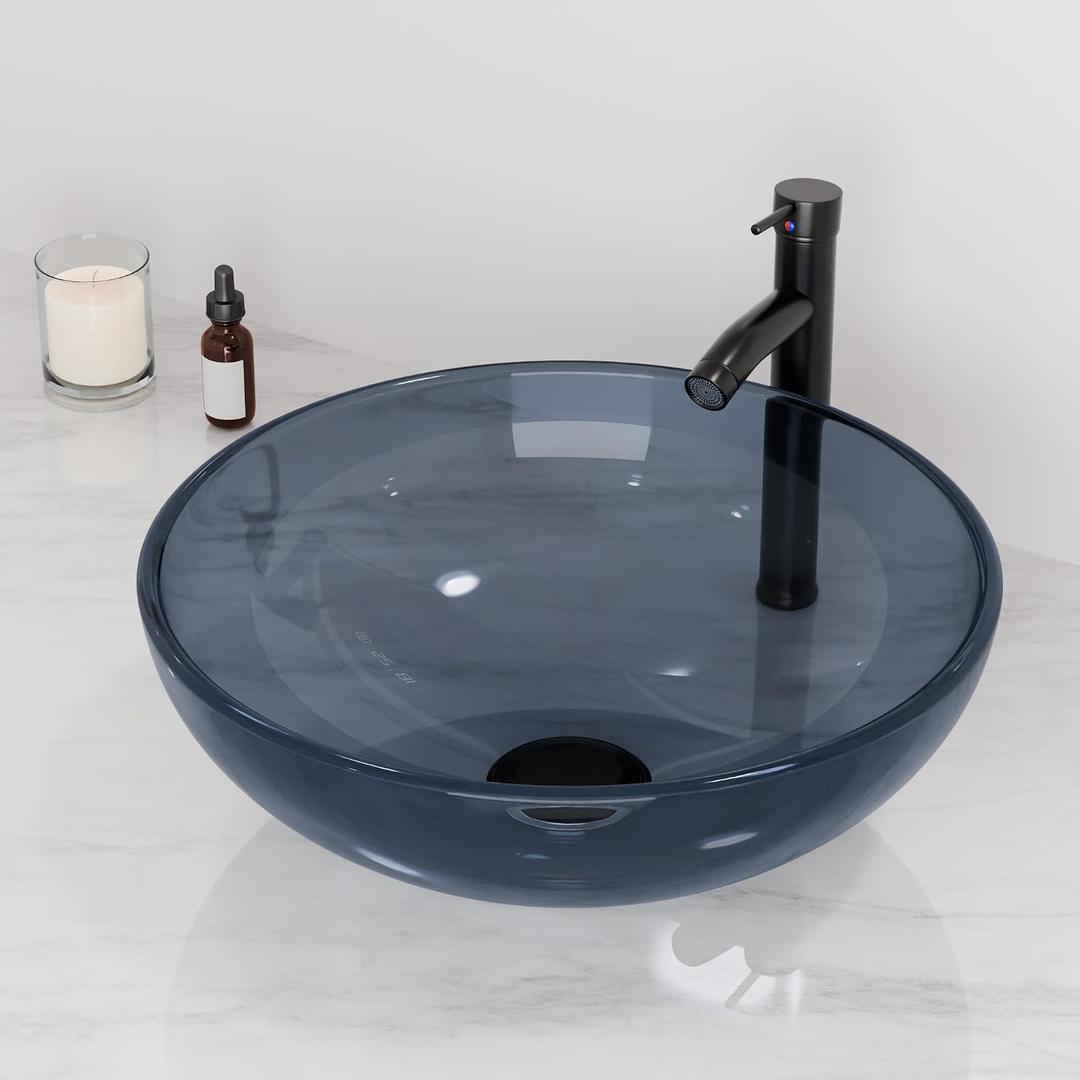 Design Vessel Sink Bathroom Sink above counter Small Vessel Sink Bathroom Sink Bowl Countertop Modern Sinks with faucet and drain combo 16.5" Round Transparent New, 16.5 x 16.5 x 5.5 inches