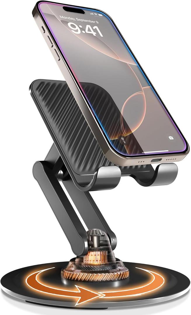 COOPER 360 Stand, Rotating Cell Phone Stand for Desk | Sturdy Metal Base, Foldable, Portable | Cell Phone Holder for Desk (Piano Black)