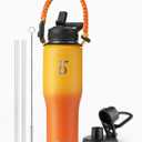 Trebo 32oz Insulated Water Bottle that Fits in Cup Holder, Stainless Steel Bottles Tumbler Double Wall Metal with Straw Spout Lids,Travel Flask with Paracord Handle, Sweat Proof Keep Cold &Hot,Orange