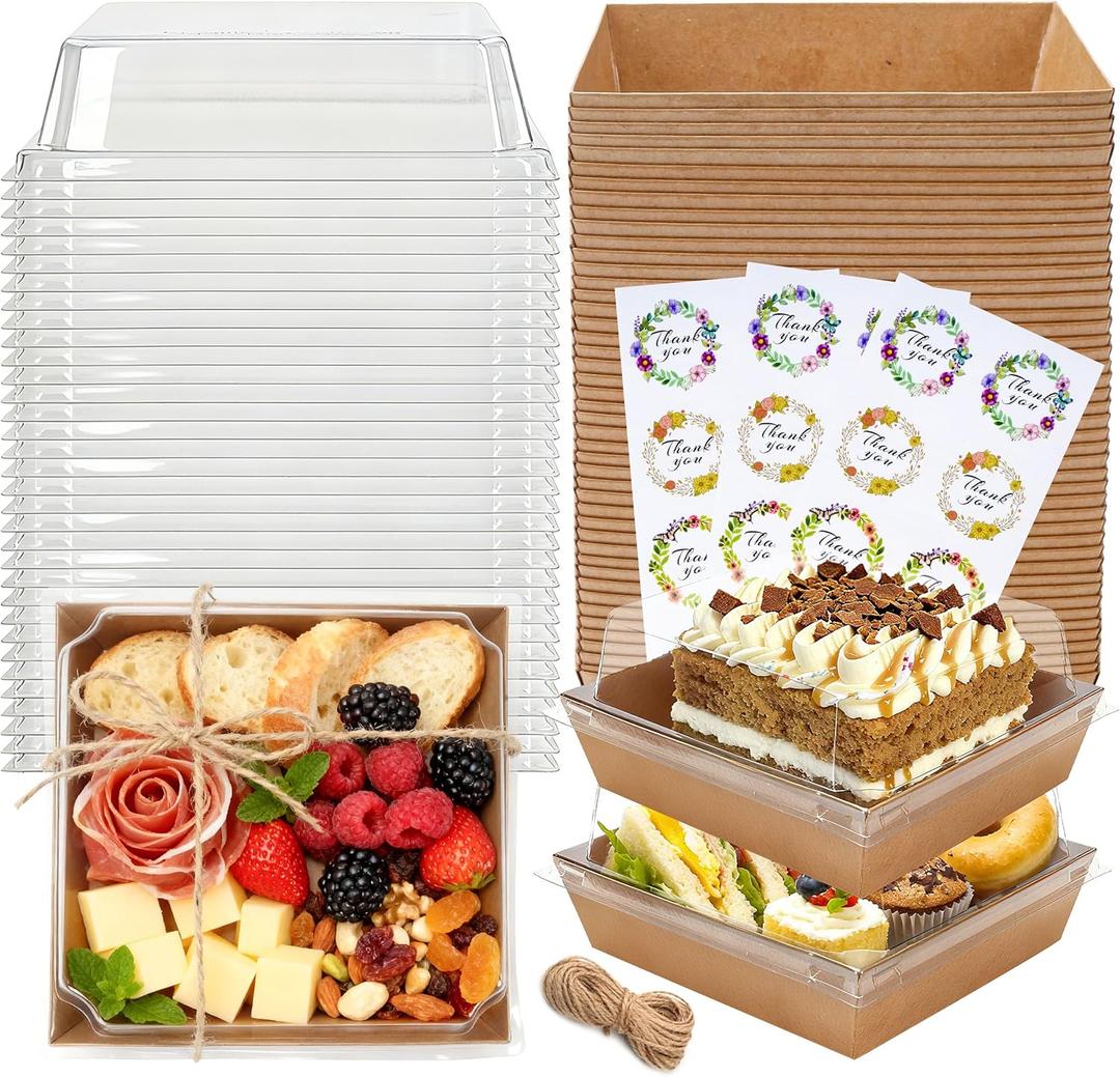 NPLUX Disposable Charcuterie Boxes with Clear Lid, Food Boxes for Cold&Room Temperature Foods, Grease-Resistant Bakery Packaging for Pastry & Takeout Use 5.3x4.9x2.5INCH(50 Pack,Brown)