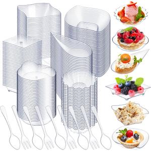 Tessco for you 600 Pcs Mini Appetizer Plates Set Including 6 Shapes Disposable Mini Dessert Cups, Spoons and Forks for Party Wedding Pudding Ice Cream (Clear)