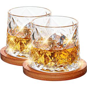 10oz Large Spinning Whiskey Glasses set of 4,Rotatable Old Fashioned Glasses,with Bamboo Coasters,Help Relieve Stress, Anxiety,Tension. Christmas Gifts Stocking Stuffers for Men,Husband,Dad,Father