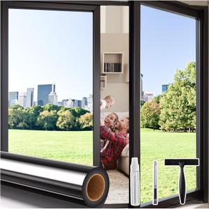 Coavas One Way Privacy Window Film, Reflective Mirror Glass Tint Home Daytime Heat UV Blocking Security Clings See Out Not in Office Coverings with 3 Tools, 17.5x157.5in (Black-silver)