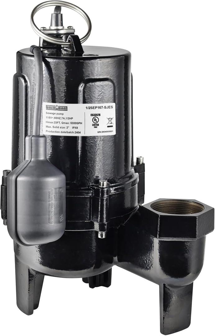 WASSERMANN 3/4 HP Sewage Pump 2 inch Discharge with Auto Float Switch, 115V 7200 GPH Cast Iron Submersible Sewer Pump, Sump Pump for Basement Sump Basin Sewer Well 2" NPT Discharge with 10 FT Cable