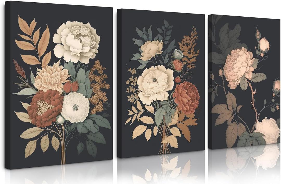 Vintage Flower Wall Art Dark Floral Canvas Wall Art Botanical Farmhouse Prints Black Flower Pictures Wall Decor Moody Floral Artwork Painting for Living Room Bedroom 16x24x3 Inch Framed