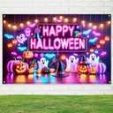 Halloween Banner 71x43 Inch Neon Ghost Pumpkin Backdrop Indoor Outdoor Trick or Treat Party Decoration Wall Hanging Spooky Glow Theme for Fence Room Porch Photo Booth