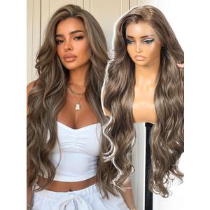 Dofami KOME Blonde Highlight Synthetic Lace Front Wig,13x4 HD Lace Glueless Long Body Wave Curly Wigs for Women Daily Party Use 30IN(#1413HL)