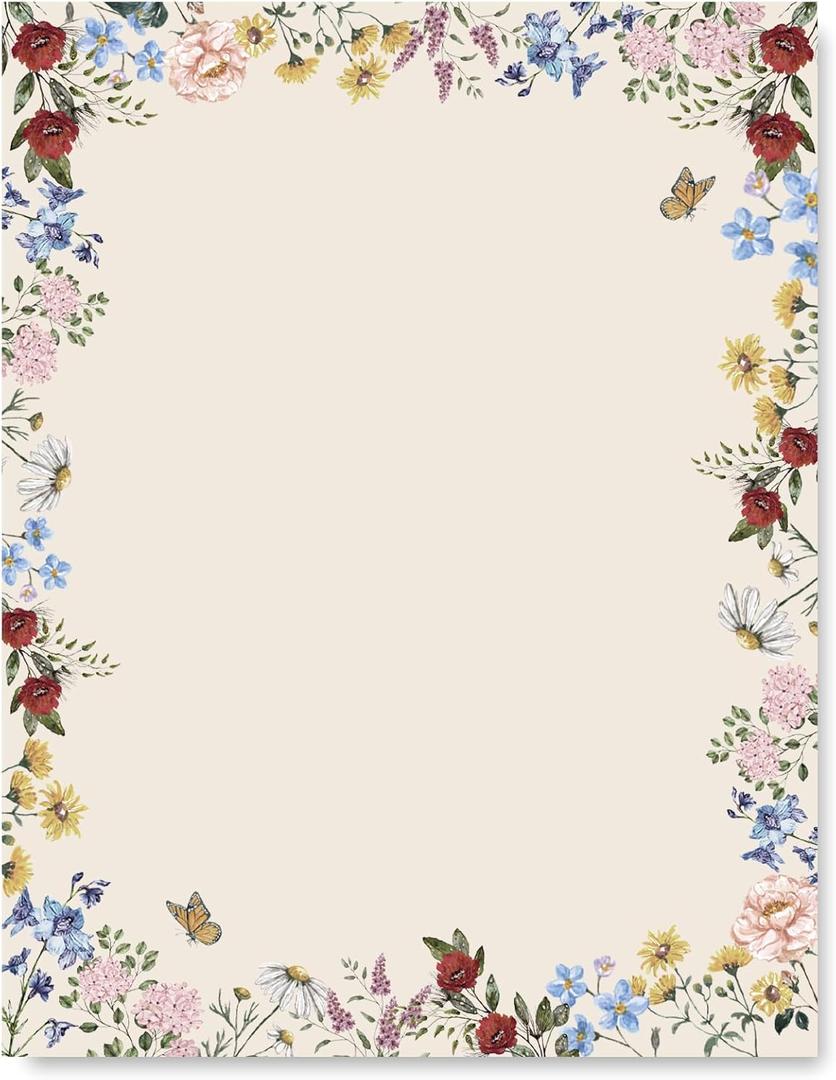80 Sheet Floral Letter Paper, Vintage Wildflower Design, 8.5 x 11 Inch, White, Paper, Writing Paper, Retro Style