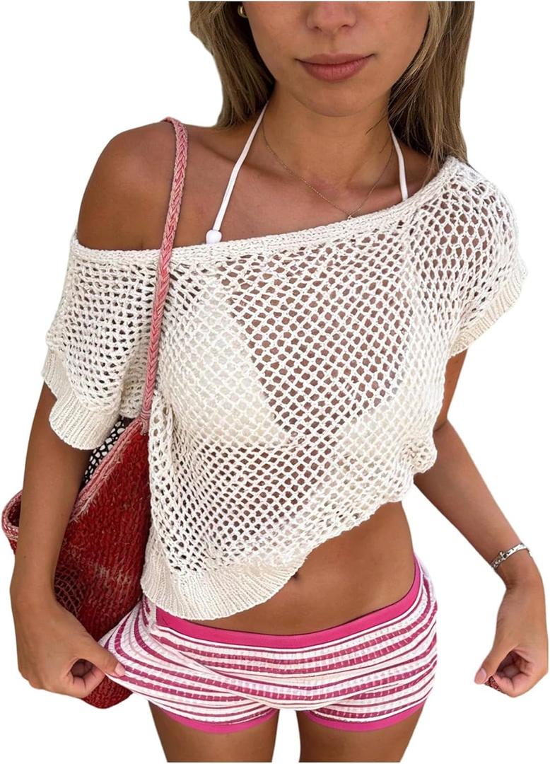 Verdusa Women's Crochet Tops Off The Shoulder Summer Cover Up Beach Vacation Party Outfits (Medium, White)
