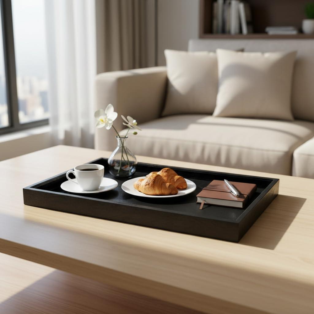 30 x 16 inches High-End Light Luxury Leather Rectangle Oversized Service Tray for Ottoman Tray, Coffee, Food, Family Dinner, Picnic, Party Essentials (Black, 30 x 16 inch)