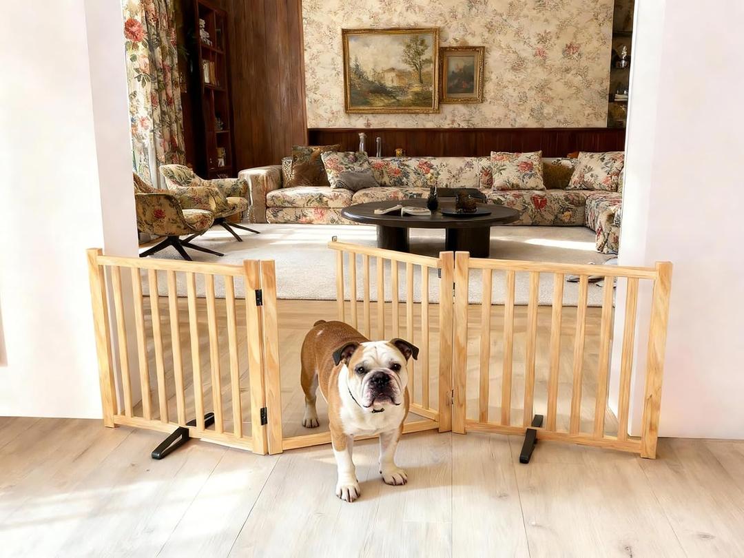 23" H Dog Gate Indoor, Wooden Freestanding Pet Gate, Foldable Dog Barrier with Door, No-Painted Fence for Stair, Doorway- 3 Panels