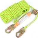 Rope Harness Safety Lanyard 50FT Fall Protection Vertical Roofing Rope with Grab Snap Hooks Shock Absorber Safety Ropes Tree Climbing Line Kit Heavy Duty Roof Safety Equipment