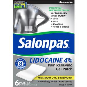 Salonpas Lidocaine 4% Pain Relieving Gel-Patch, 6 Count, for Back, Neck, Shoulder, Knee & Elbow Pain