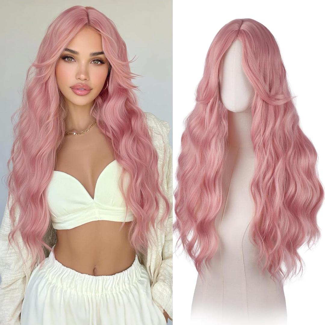 Haloo Pink Wigs with Curtain Bangs for Women - Long Wavy Middle Part Natural Looking Synthetic Hair Wig for Daily Party Cosplay Costume, 26 Inch