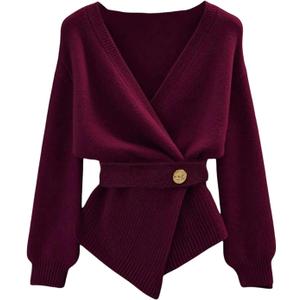 GORGLITTER Women's Wrap Cardigan Deep V Neck Long Sleeve Dressy Sweater Business Casual Outfits (Burgundy)
