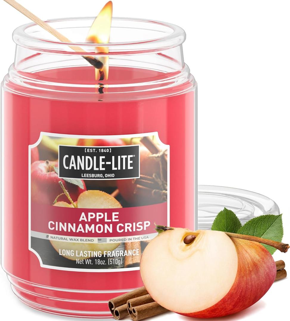 Candle-lite Fall Scented Candles, Apple Cinnamon Crisp, 18 oz Jar, Proudly Poured in The USA, Aromatherapy Candle, Single-Wick with 110 Hours of Burn Time, Perfect for Creating an Inviting Ambiance