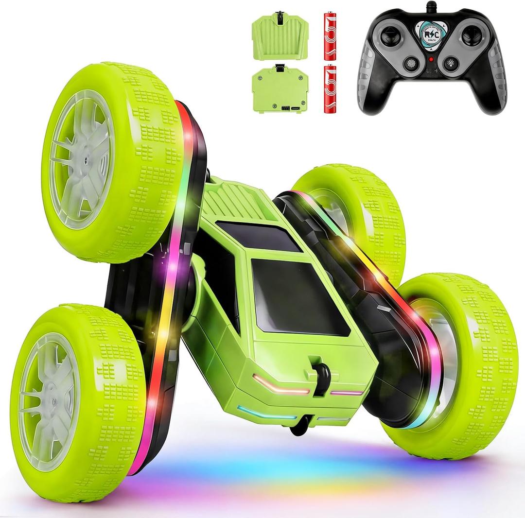 Remote Control Car, Rc Cars Stunt, RC Crawler Toys 4WD 360 Rotating with LED Light-Up Wheels & Remote Control for 6-12 for Boys Birthday Gift (Green)