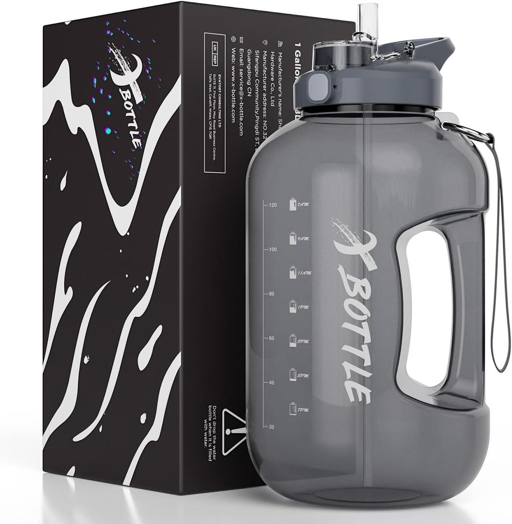 1 Gallon Water Bottle with Straw & Chug lid, BPA Free Dishwasher Safe 128oz Large Water Bottle with Motivational Time Marker and Handle Leak-proof Big Water Jug for Camping Sports Workouts (Black)