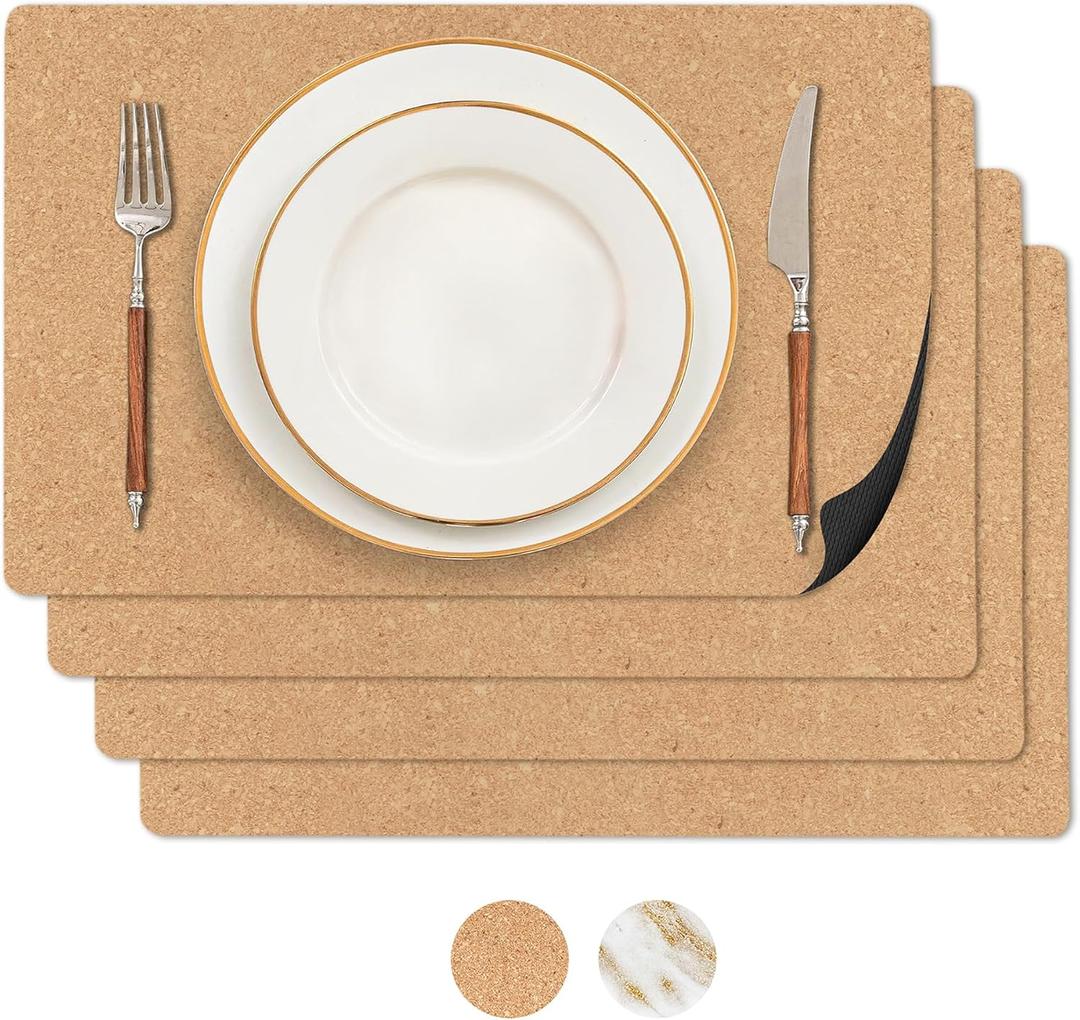 RIMONA'S Heat Resistant Cork Placemats Set of 4 - Natural Fine Cork, Waterproof, Heat Proof Table Protector, Non-Slip, Ideal for Gifting, Mother-in-Law Gift, All-Natural Hard Placemats