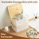 2 x 8 Pack Plastic Storage Bins with Bamboo Lids - Stackable Storage Baskets with Handle for Pantry Organizer and Storage, Plastic Containers Bins Lidded Storage Bins for Classroom Office Shelves