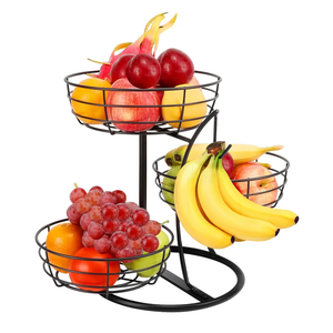Livabber Fruit Basket Bowl with Banana Hanger, Fruit Vegetable Storage Basket with Banana Tree Holder for Kitchen Counter, Detachable Organizer for Bread Snack Produce (Black, 3-Tier Metal Base)