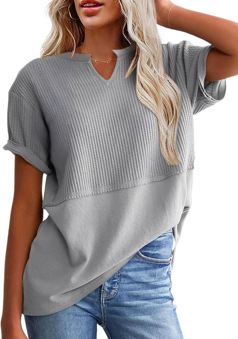 SHEWIN Womens Casual V Neck Waffle Knit Tops Short Sleeve T Shirts Loose Blouses (Gray, L)