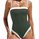 LASLULU Womens Spaghetti Straps 1 Piece Swimsuits Tummy Control Swimming Suits Slimming Modest Square Neck Bathing Suits Beach Outfits Swimwear (Forest Green Small)