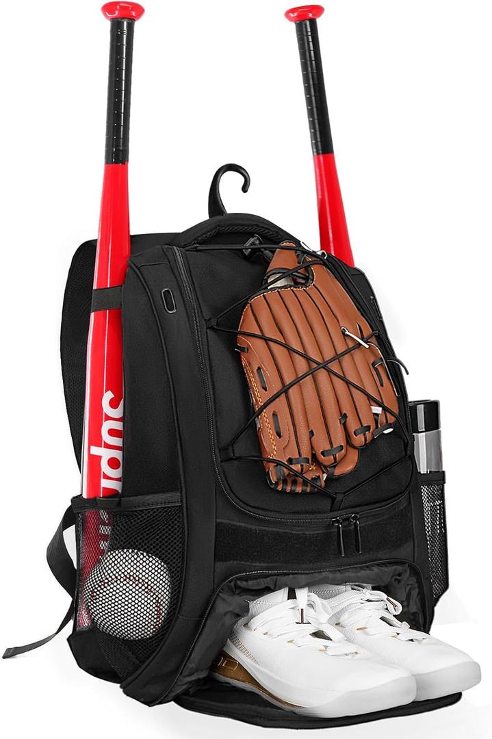Goloni | Baseball Backpack,Baseball Bag for Adult,Softball Bat Bag with Shoes Compartment,Large Main Compartment for Helmet & accessories, Fence Hook (black)