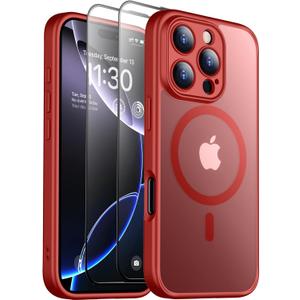 SPIDERCASE Designed for iPhone 16 Pro Case, Magnetic Translucent [2+Full Coverage Tempered Glass Screen Protector] [Full Camera Protection] Anti-Fingerprint Anti-Scratch for iPhone 16 Pro 6.3, Red