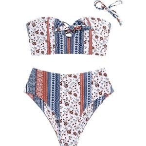 ZAFUL Women Ribbed Keyhole Tied High Waisted Bikini Spaghetti Straps Two Pieces Swimsuit Bathing Suit L