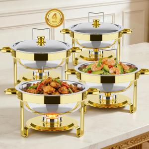 Round Chafing Dishes for Buffet Set, 4 Pcs 5QT Welded Integrated Stand Catering Food Pan Warmer with lid for Parties, Christmas,Catering Events Dinner, Wedding, Buffet&Home(Gold+Silver, 5QT)