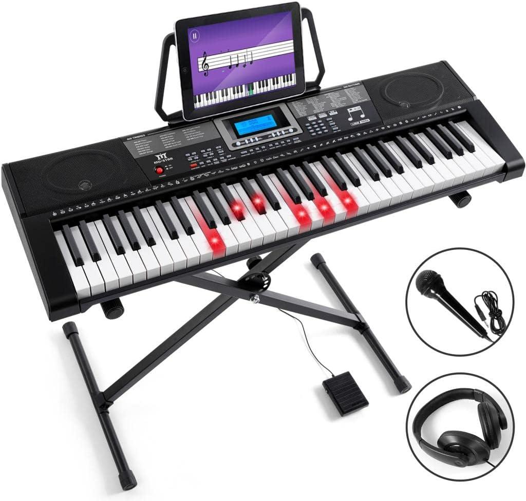 MUSTAR Piano Keyboard, MEKS-500 61 Key Learning Keyboard Piano with Lighted Up Keys, Electric Piano Keyboard for Beginners, Stand, Sustain Pedal, Headphones/Microphone, USB Midi, Built-in Speakers