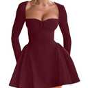 YMDUCH Women's Sexy Long Sleeve Sweetheart Neck A-line Ruffle Hem Party Club Mini Dress WineRed, Size Large