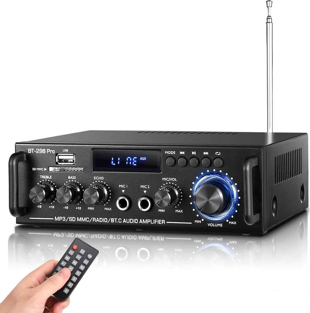 298Pro Stereo Audio Amplifier, Max 400W Home 2 Channel Bluetooth 5.0 Wireless Power Amplifier, HiFi Sound Home Theater Audio System Home Stereo Receiver, MIC in w/Echo, Bass & Treble w/USB/RCA/FM