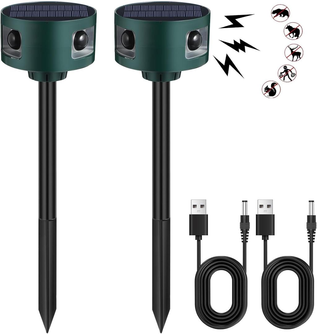 Qualirey 2 Pack Solar Indoor&Outdoor Motion Sensor Alarm Ultrasonic, 360 Motion Detection Animal Deterrent Gunshot Noise Maker for Home Security, 3 Modes