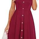 Lamilus Women's Casual Summer Dresses 2025 Ruffle Sleeves V-Neck Button Down Midi Swing Party Dress L