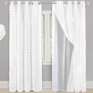 DriftAway White Pinch Pleated Voile Chiffon Blackout Curtain Liner Embroidered with Pom Pom 2 Layers Grommet Curtain for Kids Girls Nursery Room 84 Inch One Panel (Off White Chevron)