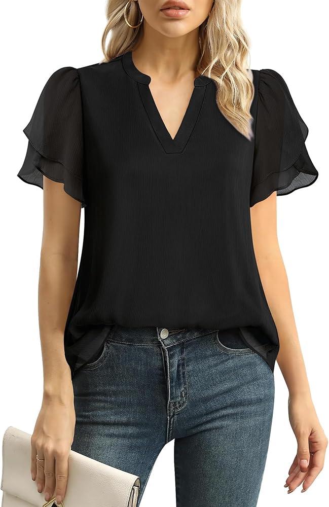 ANRABESS Women’s Dressy Casual Blouses Chiffon V Neck Petal Short Sleeve Shirts 2025 Summer Business Work Tops Black L