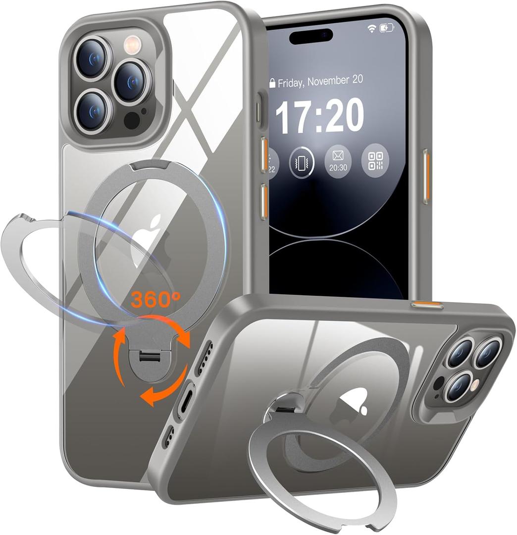 360 Rotatable Magnetic Stand for iPhone 14 pro max Case Compatible with Mag-Safe 16FT Military Drop Protection, Anti-Scratch/Fingerprint Shockproof iPhone 14 pro max Phone Case(Clear-Grey)
