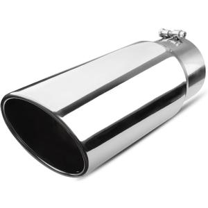 5 inch Inlet Exhaust Tip, 6" Outlet 15" Overall Length Stainless Steel Exhaust Tail Pipe, Bolt-On, Rolled Edge, Slant Sleek Angle Cut, Polished Tailpipe, Silvery