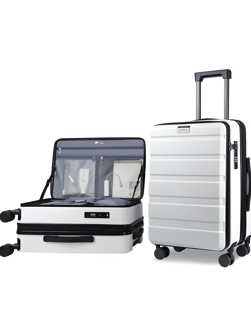 KROSER Carry On Luggage with Spinner Wheels & Built-in TSA Lock, Expandable Top Loading Hard Shell Suitcase Large Capacity Durable Rolling Luggage with USB Port, Carry-On 20-Inch, White