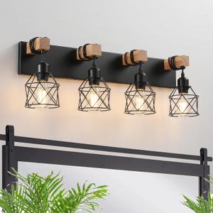 Farmhouse Vanity Light Fixture,4-Light Bathroom Lighting,Black Industrial Wood Wall Light Over Mirror with Metal Shade, LED Bulbs Not Included