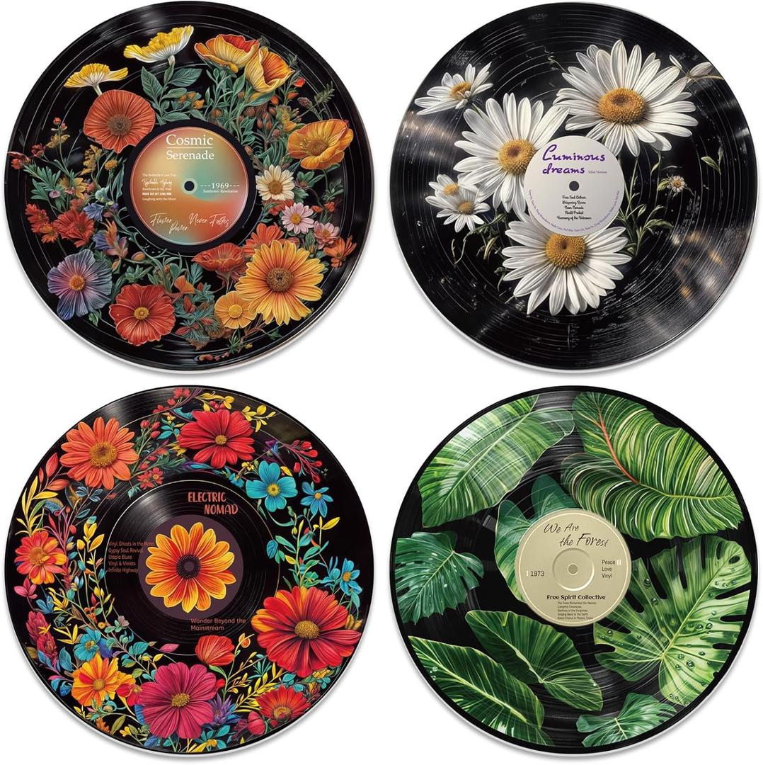 twinklemon 4PCS Vinyl Record Decor 12 Inch Record Decorations for Indie Hippie Room Decor Botanical Wall Art for Room Aesthetic Flower Leaves Records Wall Decor for Music Party Studio Display