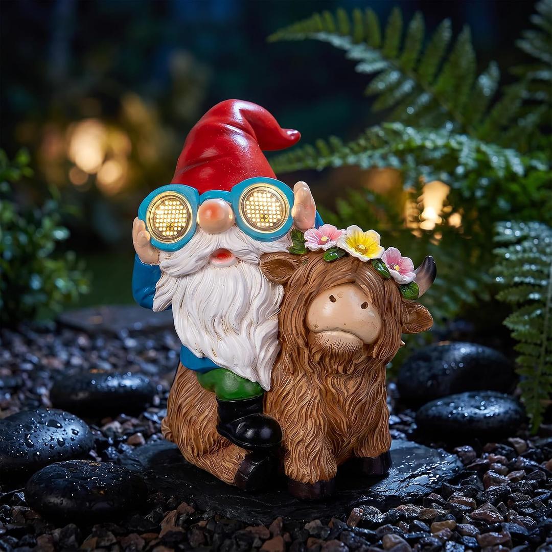 Solar Garden Gnome Statue Sitting Highland Cow Figurine with Flower Wreath Rotating Eyes LED Lights Outdoor Telescope Weatherproof Yard Art Decor for Patio Lawn, Housewarming Gifts for Women Mom