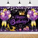 YinQin 180x120 cm Glitter Purple Golden Happy Birthday Party Backdrops Cloth 71x47 inch Photography Bday Backgrounds Black Purple Gold Happy Birthday Sign Banner Decorations for Girl Women