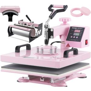 VEVOR Heat Press Machine 15x15 inch, Heat Press Machine for T-Shirts, 5 in 1 Heat Press with 30 OZ Tumbler Press, Combo Tumbler Heat Press Machine Sublimation for Hat Cap Mug Plate, Pink